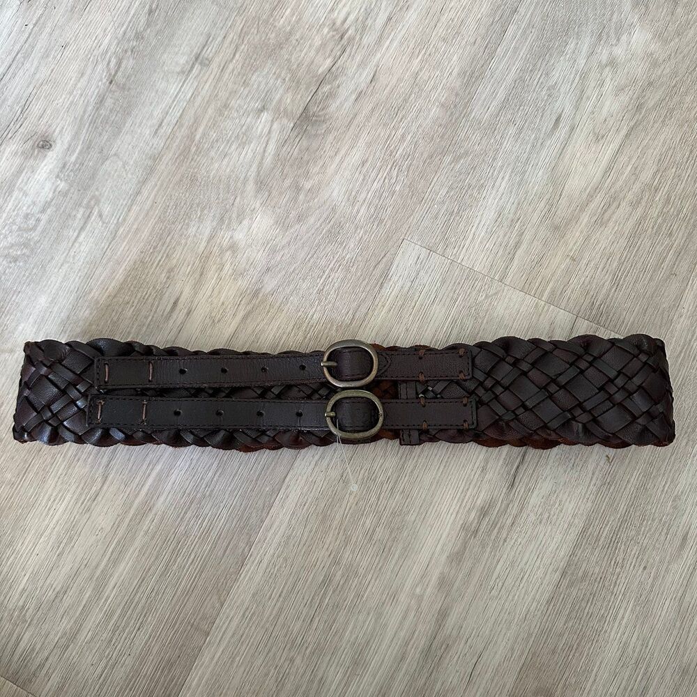 Abercrombie & Fitch A&F Wide Woven Dark Brown Genuine Leather Belt 2 Buckles